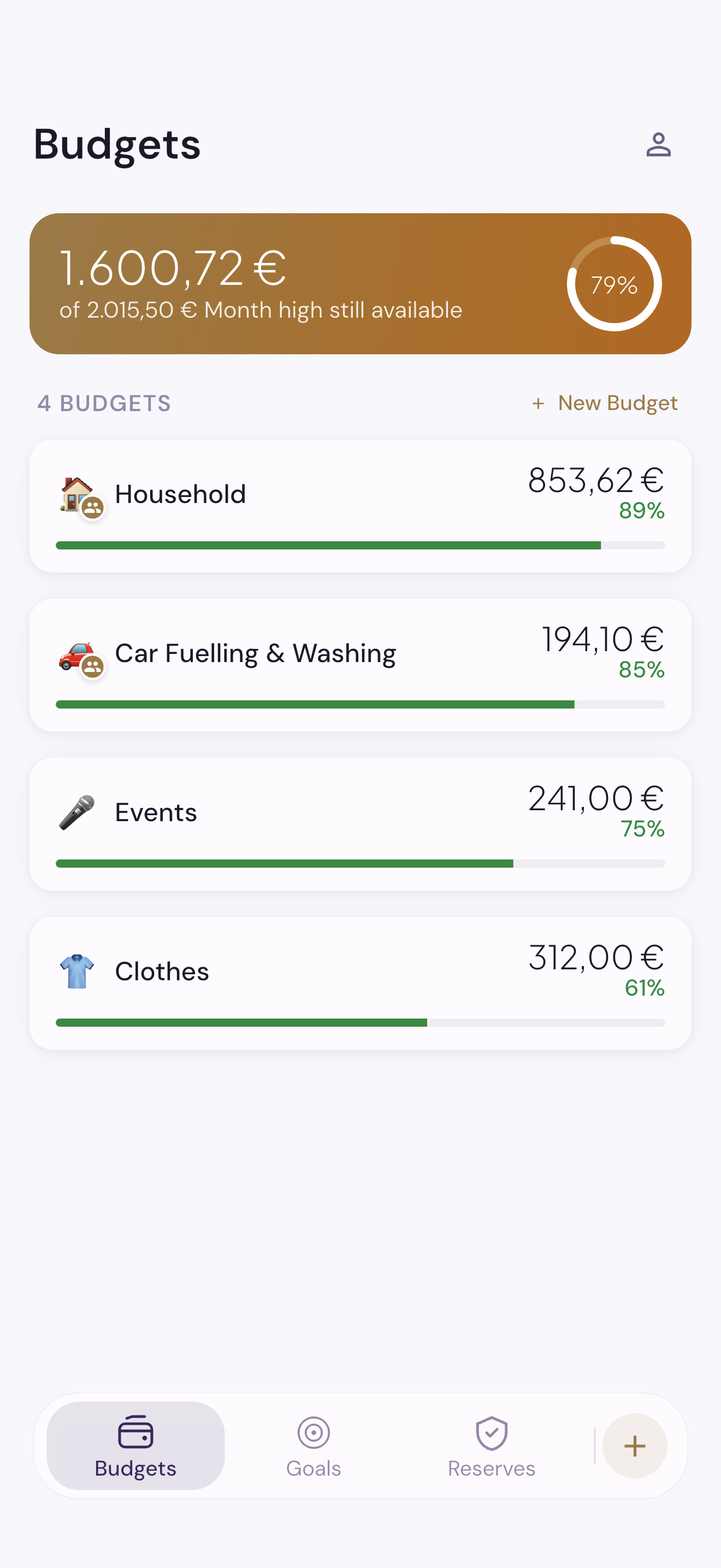 Schmidti Budget overview showing budgets, goals, and reserves